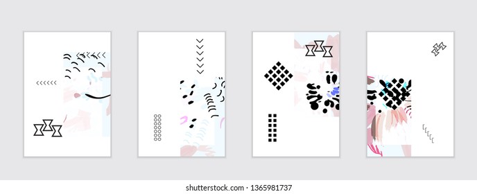 Set of artistic abstract universal card templates with simple geometric shapes and hand drawn doodle texture. Social media web banner. Bright colored isolated on white background cover template.