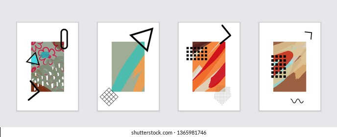 Set of artistic abstract universal card templates with simple geometric shapes and hand drawn doodle texture. Social media web banner. Bright colored isolated on white background cover template.