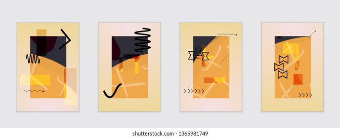 Set of artistic abstract universal card templates with simple geometric shapes and hand drawn doodle texture. Social media web banner. Bright colored isolated on white background cover template.