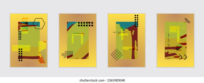 Set of artistic abstract universal card templates with simple geometric shapes and hand drawn doodle texture. Social media web banner. Bright colored isolated on white background cover template.