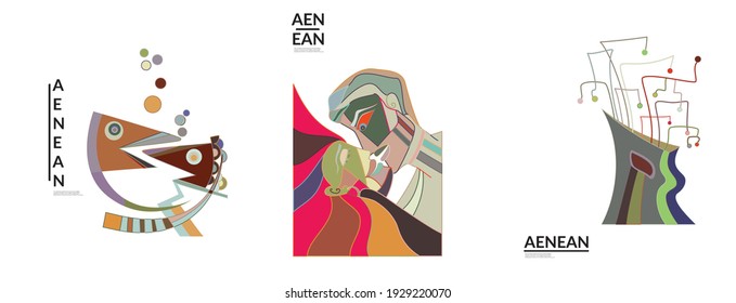 Set of artistic abstract vector illustrations in graffiti wall style. Cubism art design elements isolated on white. Modern mystic natural spiritual idea. Futuristic geometry in hand drawing line.