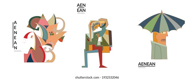 Set of artistic abstract vector illustrations in graffiti wall style. Cubism art design elements isolated on white. Modern mystic natural spiritual idea. Futuristic geometry in hand drawing line.