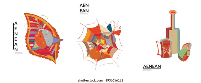 Set of artistic abstract vector illustrations in graffiti wall style. Cubism art design elements isolated on white. Modern mystic natural spiritual idea. Futuristic geometry in hand drawing line.
