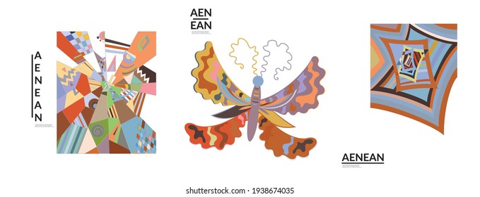 Set of artistic abstract vector illustrations in graffiti wall style. Cubism art design elements isolated on white. Modern mystic natural spiritual idea. Futuristic geometry in hand drawing line.