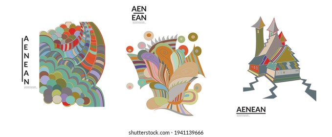 Set of artistic abstract vector illustrations in graffiti wall style. Cubism art design elements isolated on white. Modern mystic natural spiritual idea. Futuristic geometry in hand drawing line.