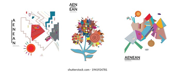 Set of artistic abstract vector illustrations in graffiti wall style. Cubism art design elements isolated on white. Modern mystic natural spiritual idea. Futuristic geometry in hand drawing line.