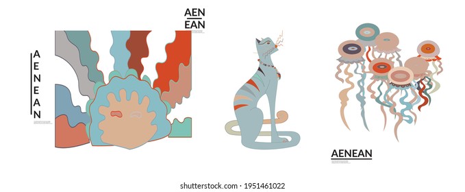 Set of artistic abstract vector illustrations in graffiti wall style. Cubism art design elements isolated on white. Modern mystic natural spiritual idea. Futuristic geometry in hand drawing line.