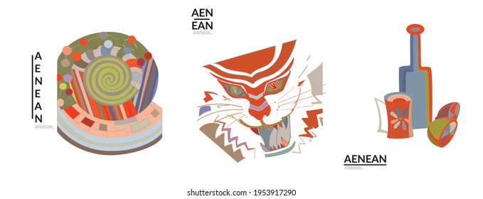Set of artistic abstract vector illustrations in graffiti wall style. Cubism art design elements isolated on white. Modern mystic natural spiritual idea. Futuristic geometry in hand drawing line.