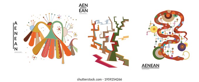 Set of artistic abstract vector illustrations in graffiti wall style. Cubism art design elements isolated on white. Modern mystic natural spiritual idea. Futuristic geometry in hand drawing line.