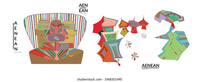 Set of artistic abstract vector illustrations in graffiti wall style. Cubism art design elements isolated on white. Modern mystic natural spiritual idea. Futuristic geometry in hand drawing line.