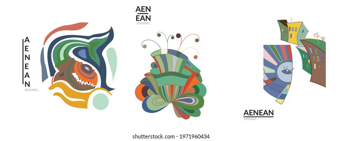 Set of artistic abstract vector illustrations in graffiti wall style. Cubism art design elements isolated on white. Modern mystic natural spiritual idea. Futuristic geometry in hand drawing line.