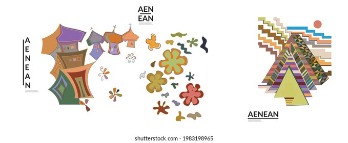 Set of artistic abstract vector illustrations in graffiti wall style. Cubism art design elements isolated on white. Modern mystic natural spiritual idea. Futuristic geometry in hand drawing line.