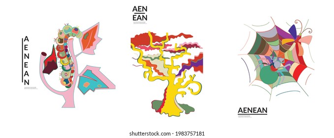 Set of artistic abstract vector illustrations in graffiti wall style. Cubism art design elements isolated on white. Modern mystic natural spiritual idea. Futuristic geometry in hand drawing line.