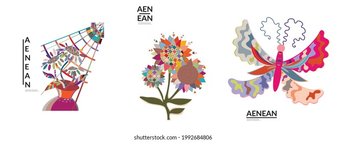 Set of artistic abstract vector illustrations in graffiti wall style. Cubism art design elements isolated on white. Modern mystic natural spiritual idea. Futuristic geometry in hand drawing line.