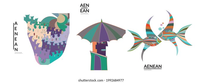 Set of artistic abstract vector illustrations in graffiti wall style. Cubism art design elements isolated on white. Modern mystic natural spiritual idea. Futuristic geometry in hand drawing line.