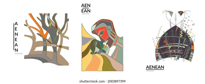 Set of artistic abstract vector illustrations in graffiti wall style. Cubism art design elements isolated on white. Modern mystic natural spiritual idea. Futuristic geometry in hand drawing line.