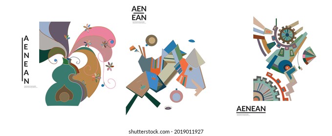 Set of artistic abstract vector illustrations in graffiti wall style. Cubism art design elements isolated on white. Modern mystic natural spiritual idea. Futuristic geometry in hand drawing line.