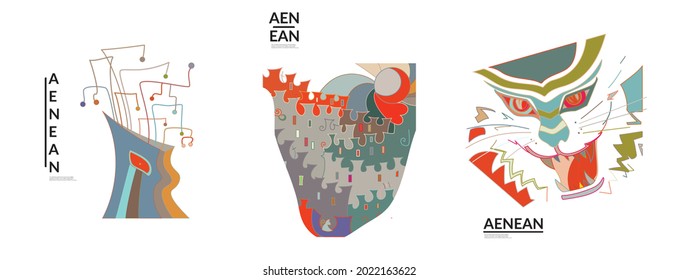Set of artistic abstract vector illustrations in graffiti wall style. Cubism art design elements isolated on white. Modern mystic natural spiritual idea. Futuristic geometry in hand drawing line.