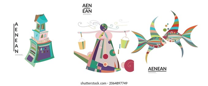 Set of artistic abstract vector illustrations in graffiti wall style. Cubism art design elements isolated on white. Modern mystic natural spiritual idea. Futuristic geometry in hand drawing line.