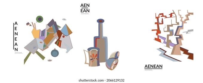 Set of artistic abstract vector illustrations in graffiti wall style. Cubism art design elements isolated on white. Modern mystic natural spiritual idea. Futuristic geometry in hand drawing line.