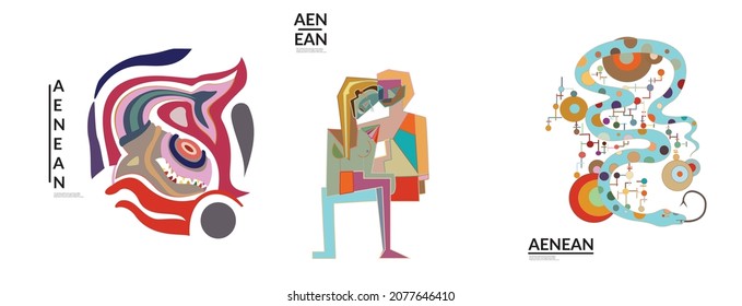 Set of artistic abstract vector illustrations in graffiti wall style. Cubism art design elements isolated on white. Modern mystic natural spiritual idea. Futuristic geometry in hand drawing line.