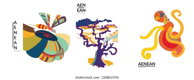 Set of artistic abstract vector illustrations in graffiti wall style. Cubism art design elements isolated on white. Modern mystic natural spiritual idea. Futuristic geometry in hand drawing line.