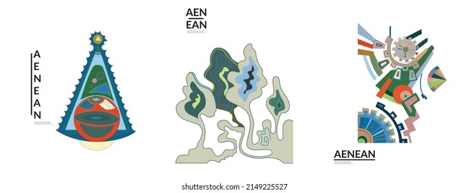 Set of artistic abstract vector illustrations in graffiti wall style. Cubism art design elements isolated on white. Modern mystic natural spiritual idea. Futuristic geometry in hand drawing line.