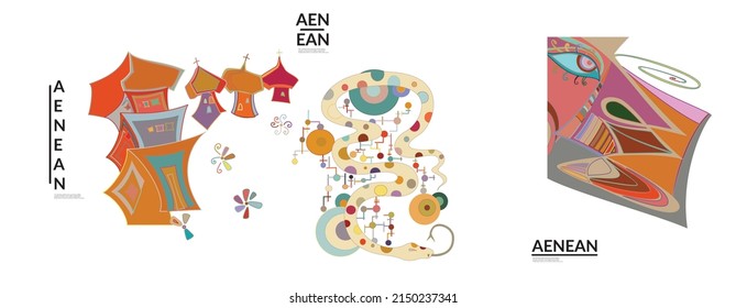 Set of artistic abstract vector illustrations in graffiti wall style. Cubism art design elements isolated on white. Modern mystic natural spiritual idea. Futuristic geometry in hand drawing line.
