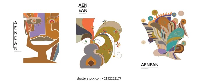 Set of artistic abstract vector illustrations in graffiti wall style. Cubism art design elements isolated on white. Modern mystic natural spiritual idea. Futuristic geometry in hand drawing line.