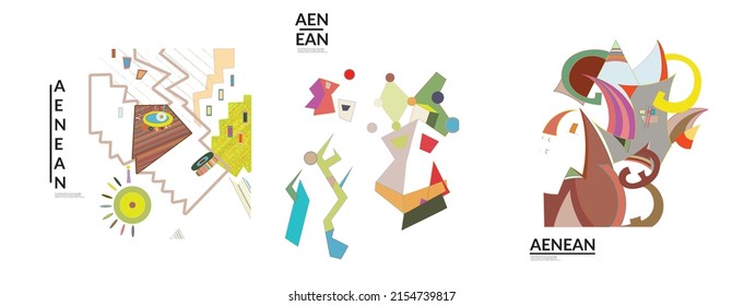 Set of artistic abstract vector illustrations in graffiti wall style. Cubism art design elements isolated on white. Modern mystic natural spiritual idea. Futuristic geometry in hand drawing line.