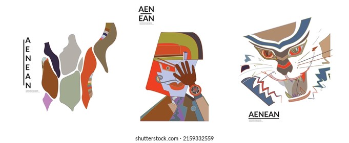 Set of artistic abstract vector illustrations in graffiti wall style. Cubism art design elements isolated on white. Modern mystic natural spiritual idea. Futuristic geometry in hand drawing line.