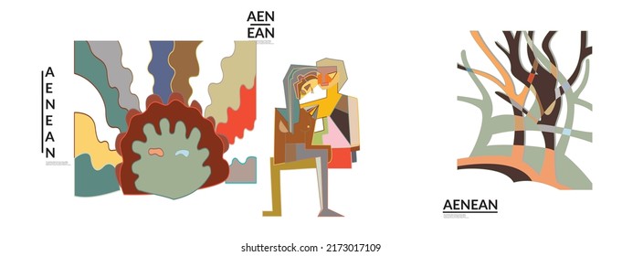 Set of artistic abstract vector illustrations in graffiti wall style. Cubism art design elements isolated on white. Modern mystic natural spiritual idea. Futuristic geometry in hand drawing line.