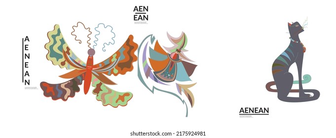 Set of artistic abstract vector illustrations in graffiti wall style. Cubism art design elements isolated on white. Modern mystic natural spiritual idea. Futuristic geometry in hand drawing line.
