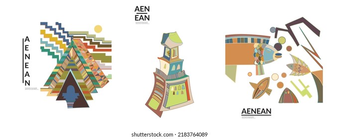 Set of artistic abstract vector illustrations in graffiti wall style. Cubism art design elements isolated on white. Modern mystic natural spiritual idea. Futuristic geometry in hand drawing line.