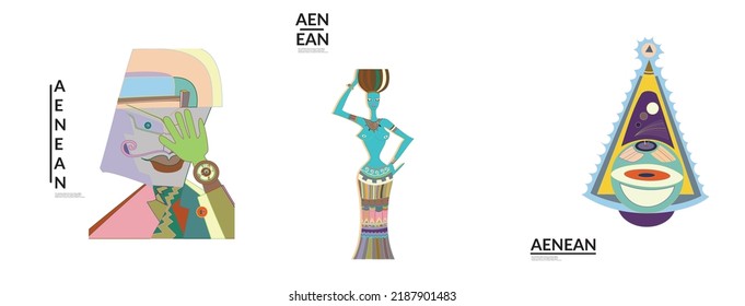 Set of artistic abstract vector illustrations in graffiti wall style. Cubism art design elements isolated on white. Modern mystic natural spiritual idea. Futuristic geometry in hand drawing line.