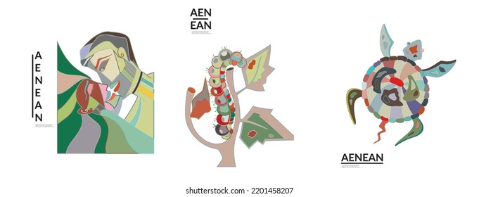 Set of artistic abstract vector illustrations in graffiti wall style. Cubism art design elements isolated on white. Modern mystic natural spiritual idea. Futuristic geometry in hand drawing line.