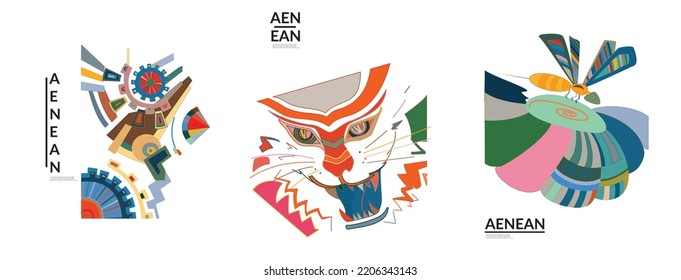 Set of artistic abstract vector illustrations in graffiti wall style. Cubism art design elements isolated on white. Modern mystic natural spiritual idea. Futuristic geometry in hand drawing line.
