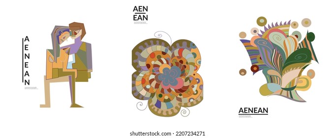 Set of artistic abstract vector illustrations in graffiti wall style. Cubism art design elements isolated on white. Modern mystic natural spiritual idea. Futuristic geometry in hand drawing line.