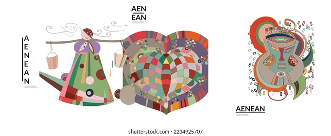 Set of artistic abstract vector illustrations in graffiti wall style. Cubism art design elements isolated on white. Modern mystic natural spiritual idea. Futuristic geometry in hand drawing line.