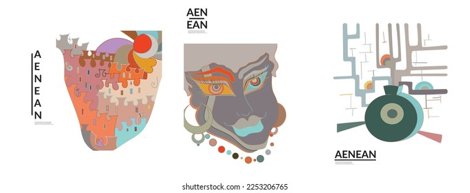 Set of artistic abstract vector illustrations in graffiti wall style. Cubism art design elements isolated on white. Modern mystic natural spiritual idea. Futuristic geometry in hand drawing line.