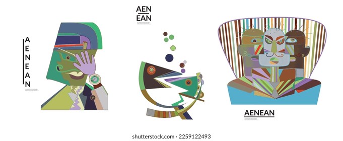 Set of artistic abstract vector illustrations in graffiti wall style. Cubism art design elements isolated on white. Modern mystic natural spiritual idea. Futuristic geometry in hand drawing line.