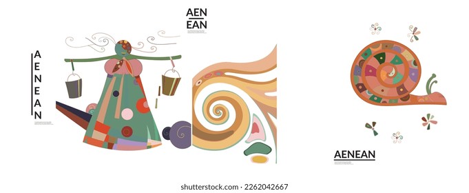 Set of artistic abstract vector illustrations in graffiti wall style. Cubism art design elements isolated on white. Modern mystic natural spiritual idea. Futuristic geometry in hand drawing line.