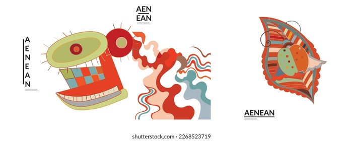 Set of artistic abstract vector illustrations in graffiti wall style. Cubism art design elements isolated on white. Modern mystic natural spiritual idea. Futuristic geometry in hand drawing line.