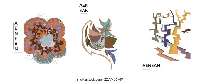 Set of artistic abstract vector illustrations in graffiti wall style. Cubism art design elements isolated on white. Modern mystic natural spiritual idea. Futuristic geometry in hand drawing line.
