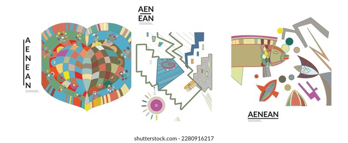 Set of artistic abstract vector illustrations in graffiti wall style. Cubism art design elements isolated on white. Modern mystic natural spiritual idea. Futuristic geometry in hand drawing line.