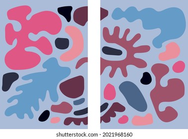 Set of artistic abstractions with colored geometric shapes on a blue background