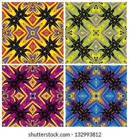 Set of artistic African textile designs. Modern and fancy fabrics with traditional motifs in vector art, seamless