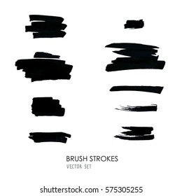 Set of artistic black brush strokes isolated on white background, metaphor to art, grunge, sketch, education or abstract design