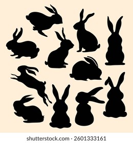 A set of artistic black rabbit silhouettes, perfect for Easter, spring, and festive-themed projects. Ideal for creative designs, patterns, and decorative elements.