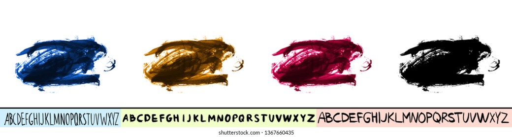 Set of artistic brush stroke and handwritten alphabet. Various color options. Abstract hand - painted element for design. 